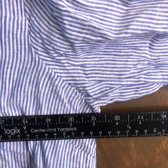 Talbots Womens Blouse White Blue Stripe Popover V Neck Roll Tab 100% Linen L - Picture 6 of 11